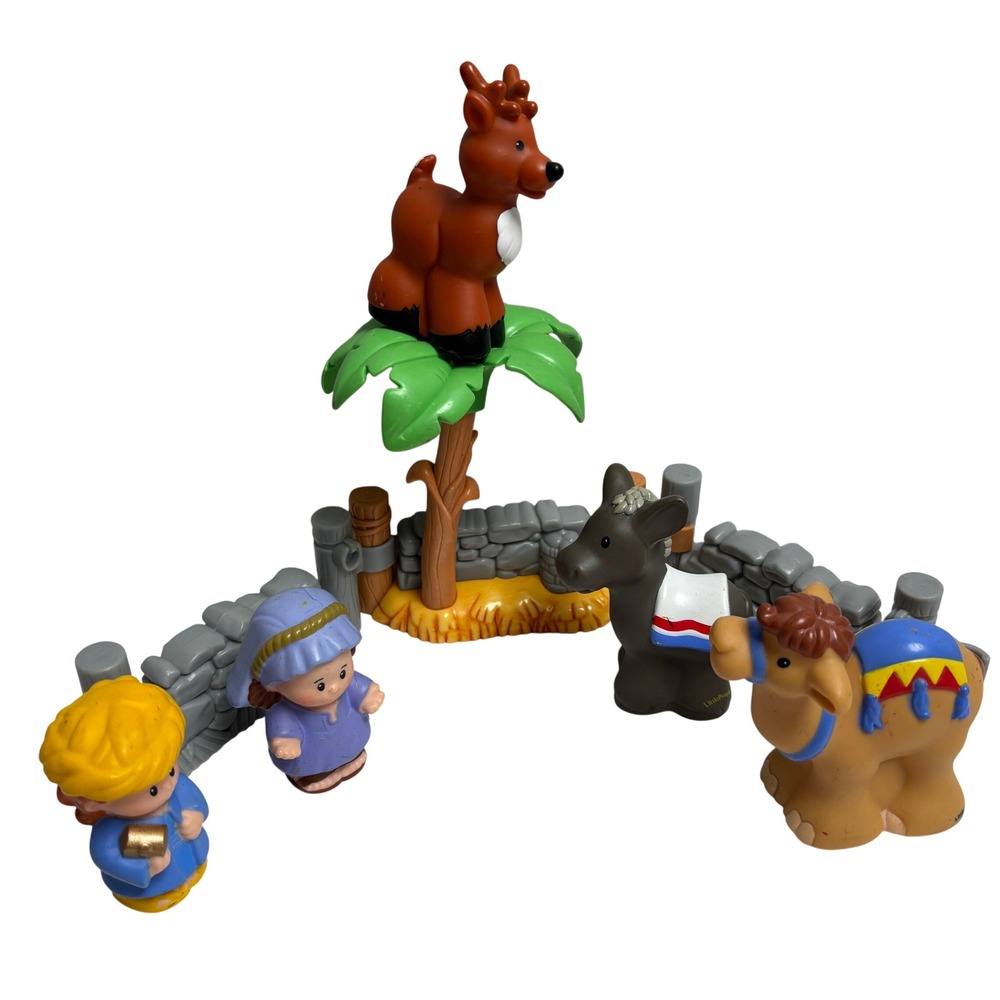 Fisher Price Little People Christmas Lot Nativity Figures Palm Tree Stone Wall